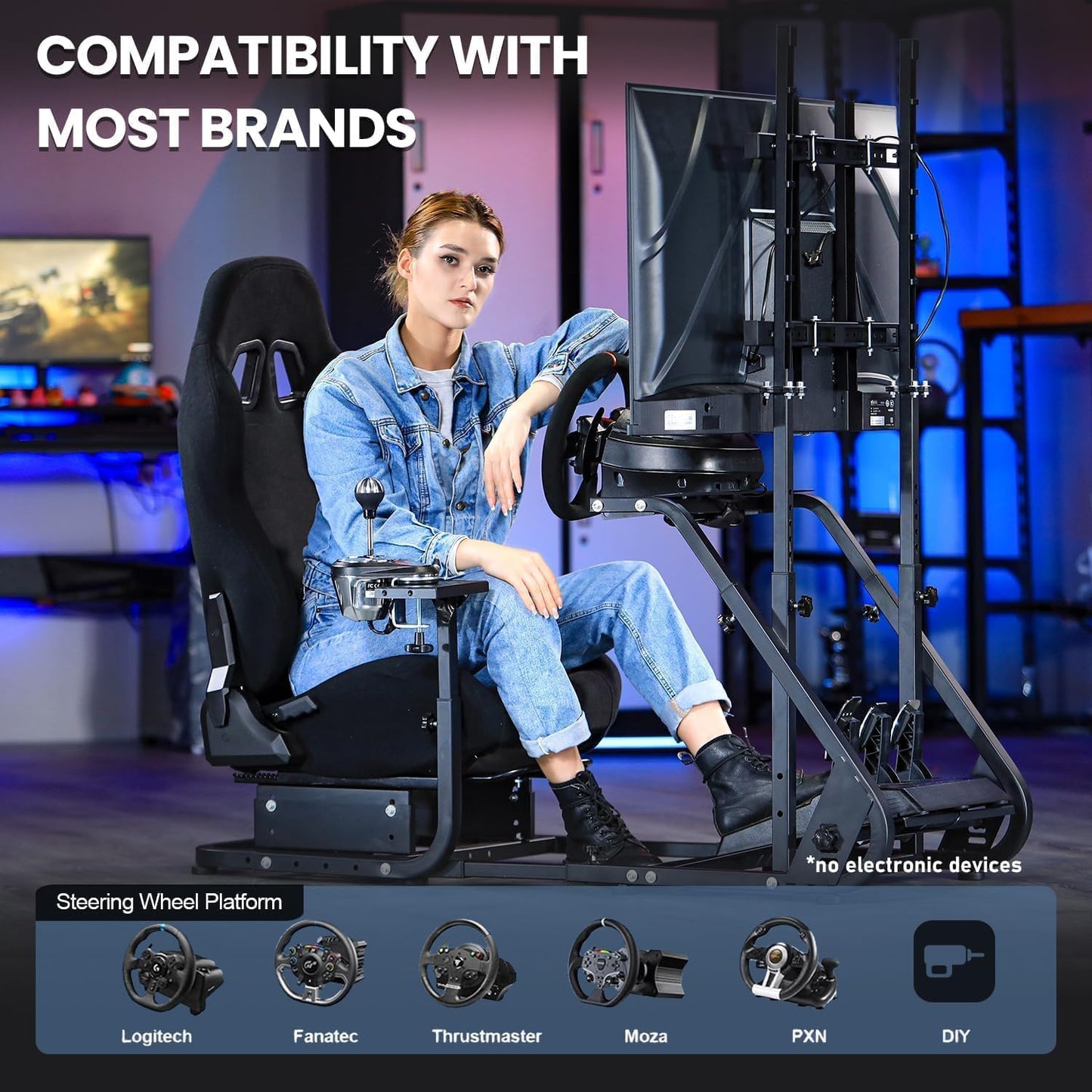 Marada Racing Simulator Cockpit Frame with TV Stand & Adjustable Black Seat for G923/G920/T500 - 30mm Size