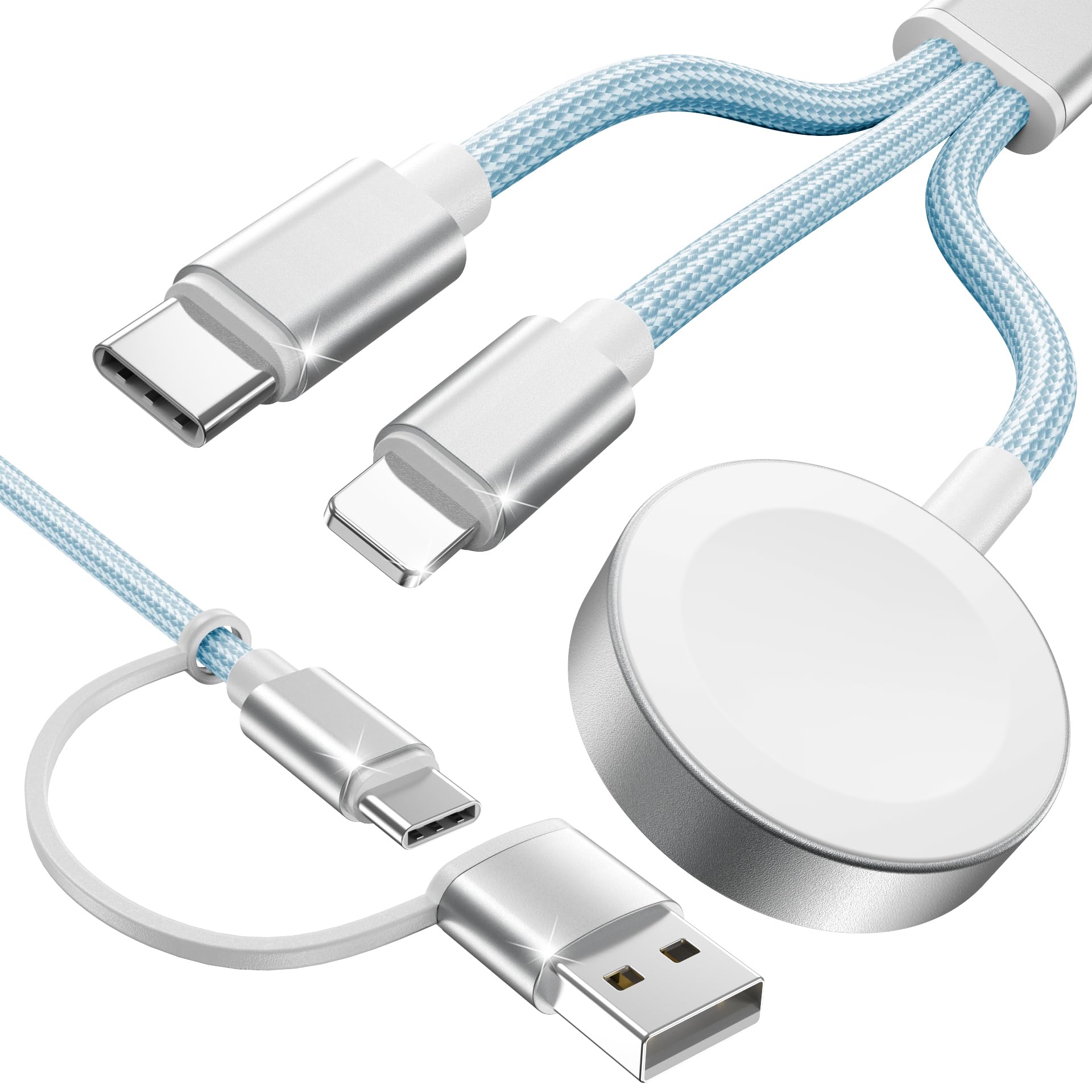 Amasuki Blue-Upgraded 3 in 2 USB C Cable for Watch Charger Phone Charger USB C Multi Fast Charging Cable Compatible with Watch Ultra/SE/10/9/8/7/6/5/4/3/2/1 & Phone 16/15/14/Galaxy S23-4FT