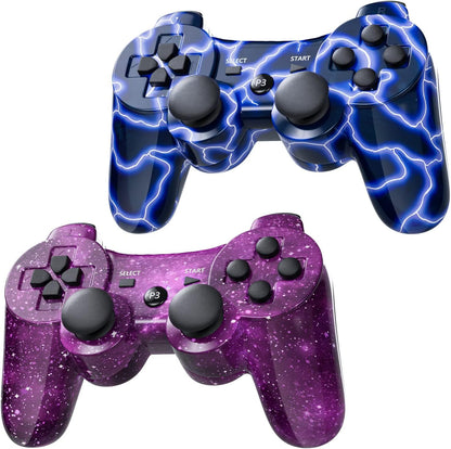 Burcica PS3 Controller 2 Pack - Wireless Motion Sensor, Dual Vibration, Charging Cord, Blue & Purple