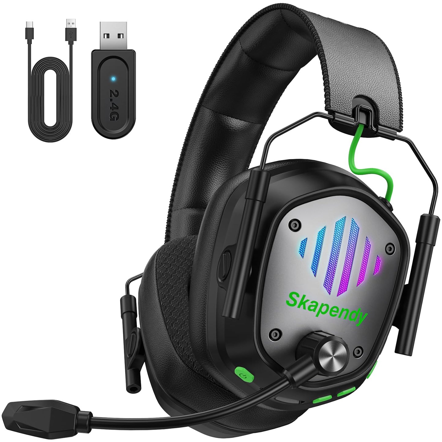 SKAPENDY Wireless Gaming Headset for PS5  PS4  PC  Switch - 2.4GHz & Bluetooth Gaming Headphones with Mic  3D Stereo Surround Sound  20ms Low Latency  ENC Noise Canceling  RGB Light  50H Battery