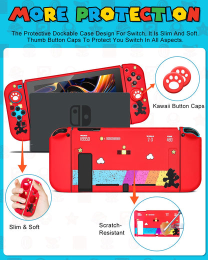 Gurgitat Nintendo Switch 8in1 Carrying Case Bundle Kit, Red Blue Maro, Includes Thumb Grips, Game Card Holder, Dockable Cover Skin