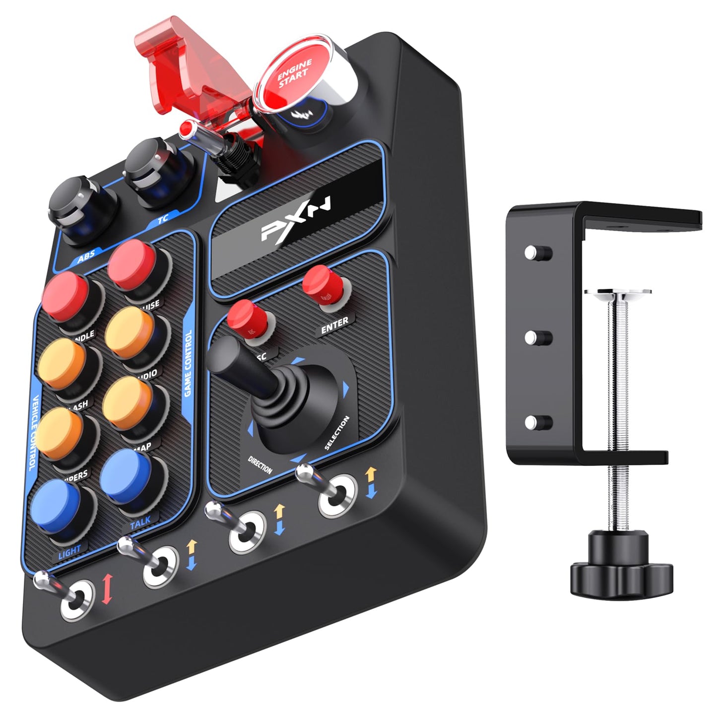 PXN CB1 PC Button Box - Programmable Sim Control Panel with 19 Buttons & Switches, RGB Backlit, Driver-Free USB, Desk & VESA Mou