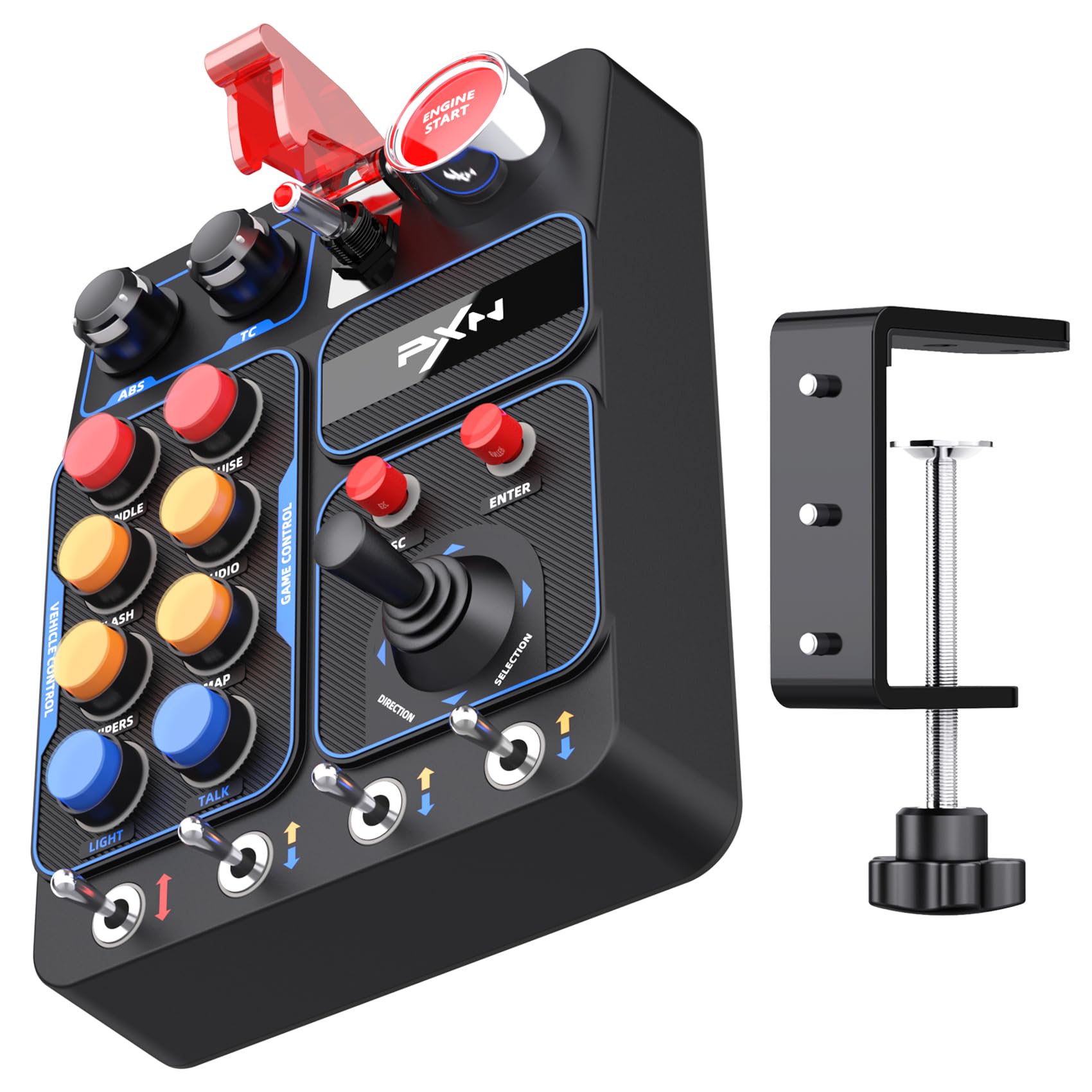 PXN CB1 PC Button Box - Programmable Sim Control Panel with 19 Buttons & Switches, RGB Backlit, Driver-Free USB, Desk & VESA Mou