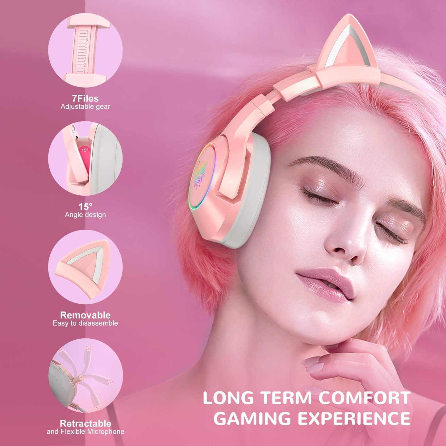 SIMGAL K9 CATEAR Pink Gaming Headset, Removable Cat Ears, RGB Backlight, Noise Canceling, Compatible with PC, PS4, PS5, Xbox One