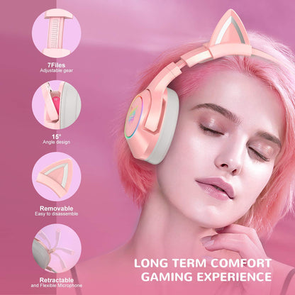 SIMGAL K9 CATEAR Pink Gaming Headset, Removable Cat Ears, RGB Backlight, Noise Canceling, Compatible with PC, PS4, PS5, Xbox One