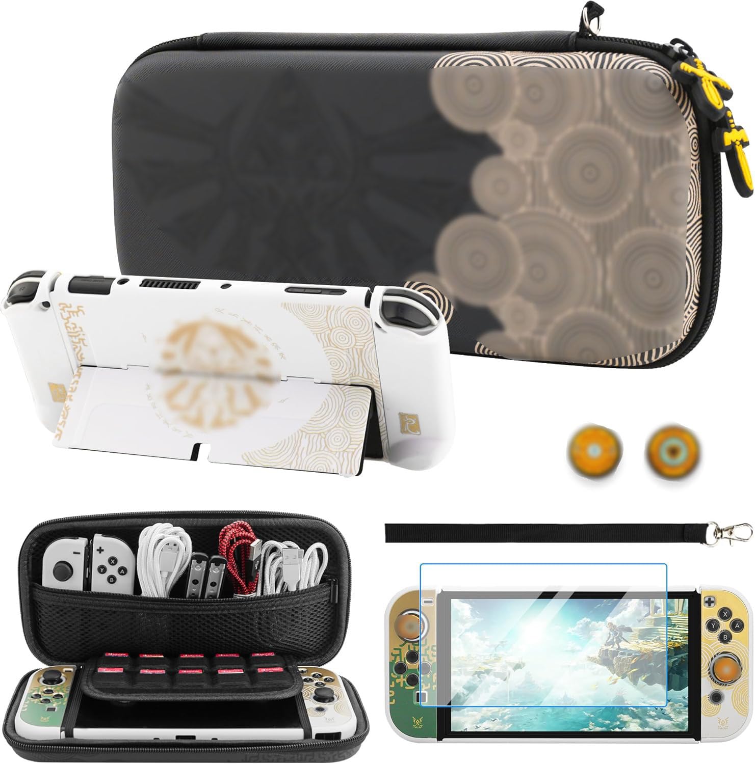 FUNDIARY Black of Zelda Carrying Case for Nintendo Switch OLED  Shockproof Accessories of Switch Console with Portable Travel Bag  Hard PC Dockable Cover  Screen Protector  Handle Strap & 2 Thumb Caps