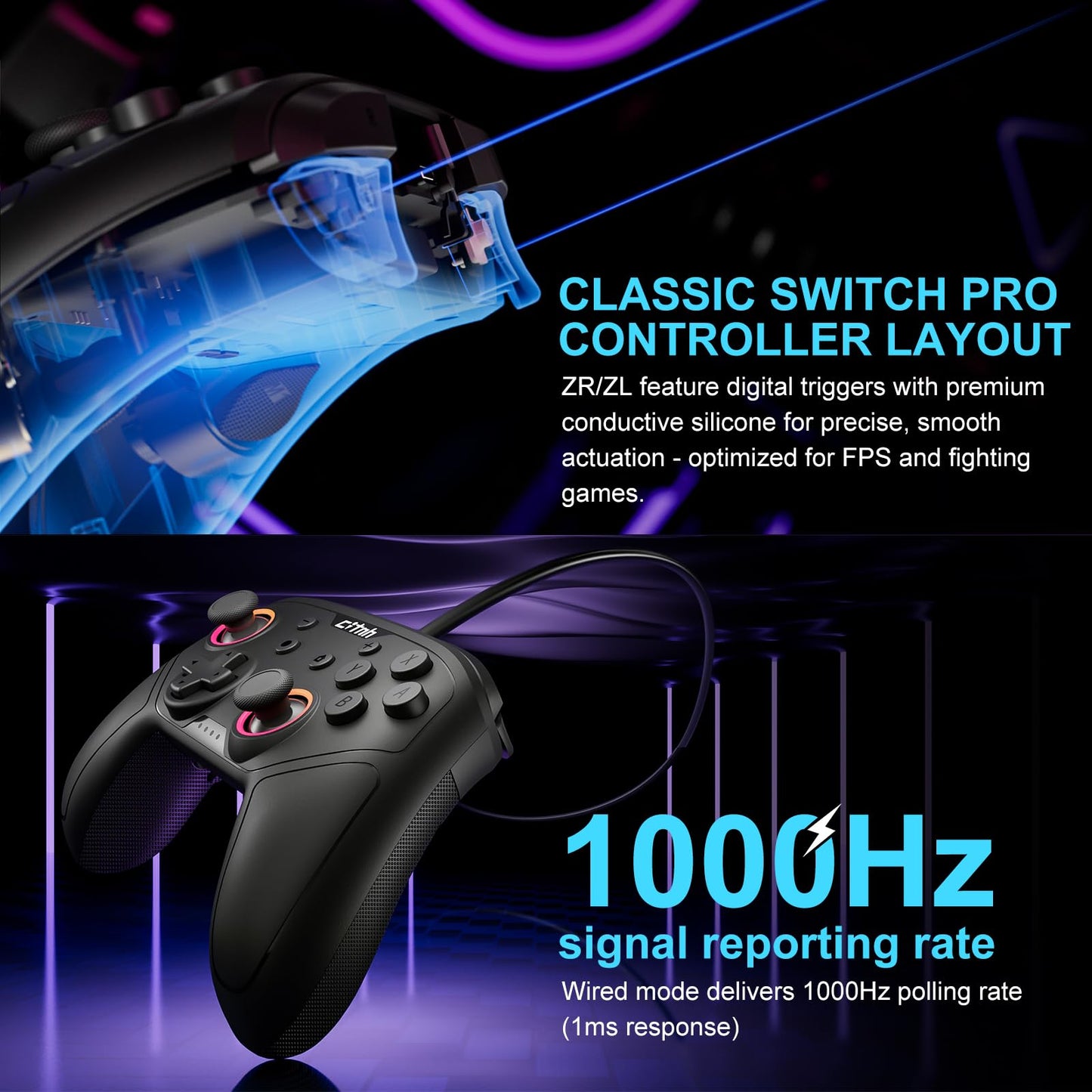 linhugame Wireless Controller for Switch, Hall Effect Joysticks, 6-Axis Gyro, Turbo, 1000mAh Battery, Black, Model A211
