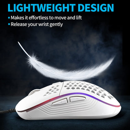 Techsea Honeycomb Wired Gaming Mouse, RGB Backlight, 7200 DPI, Ergonomic, Lightweight, Ceramic White