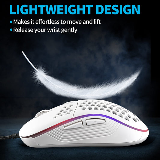 Techsea Honeycomb Wired Gaming Mouse, RGB Backlight, 7200 DPI, Ergonomic, Lightweight, Ceramic White