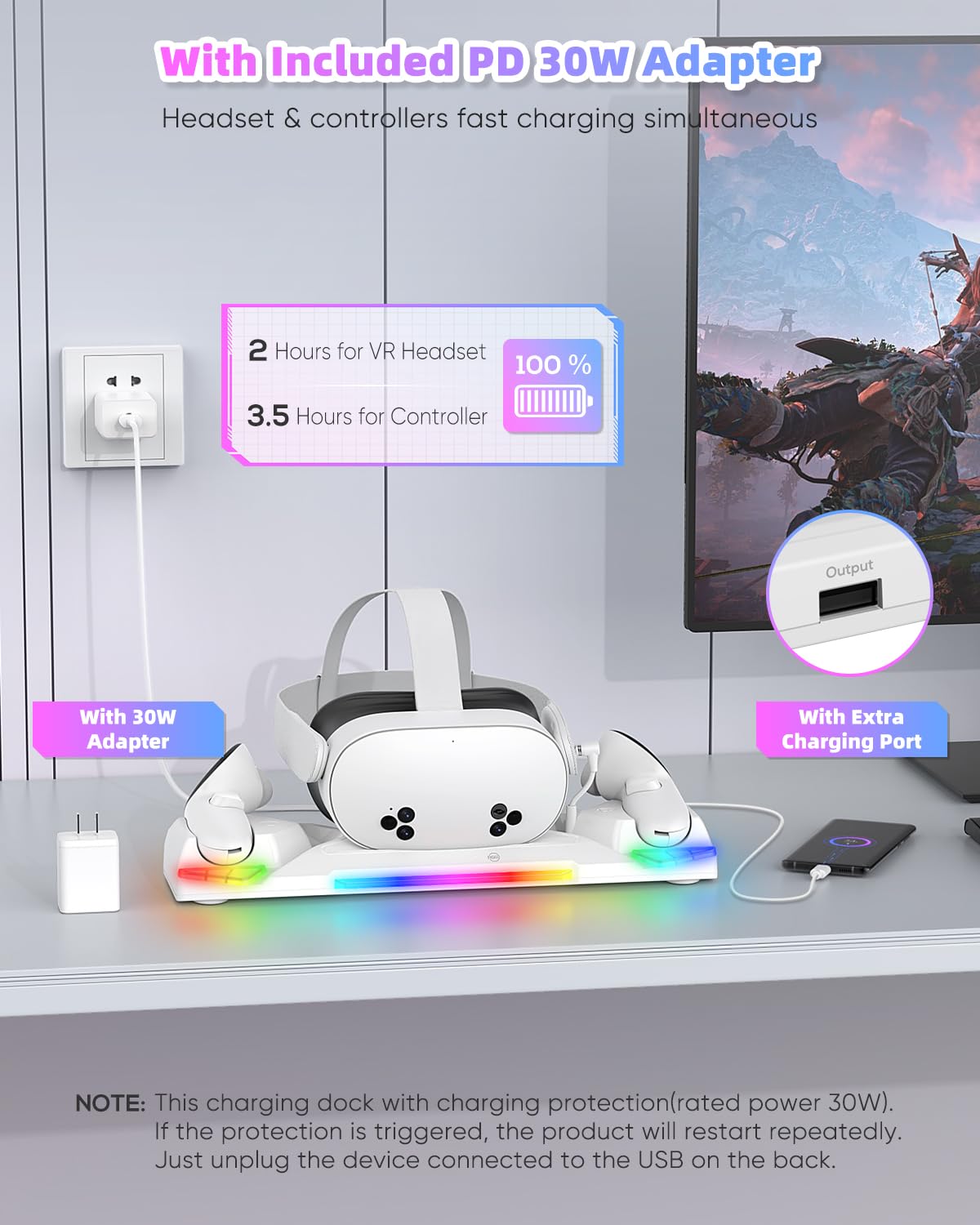 Kinwin 30W Fast Charging Dock for Meta Quest 3S/3/2 - Magnetic Charger Stand with RGB Light & 2 Batteries, White, Model MQ3-10