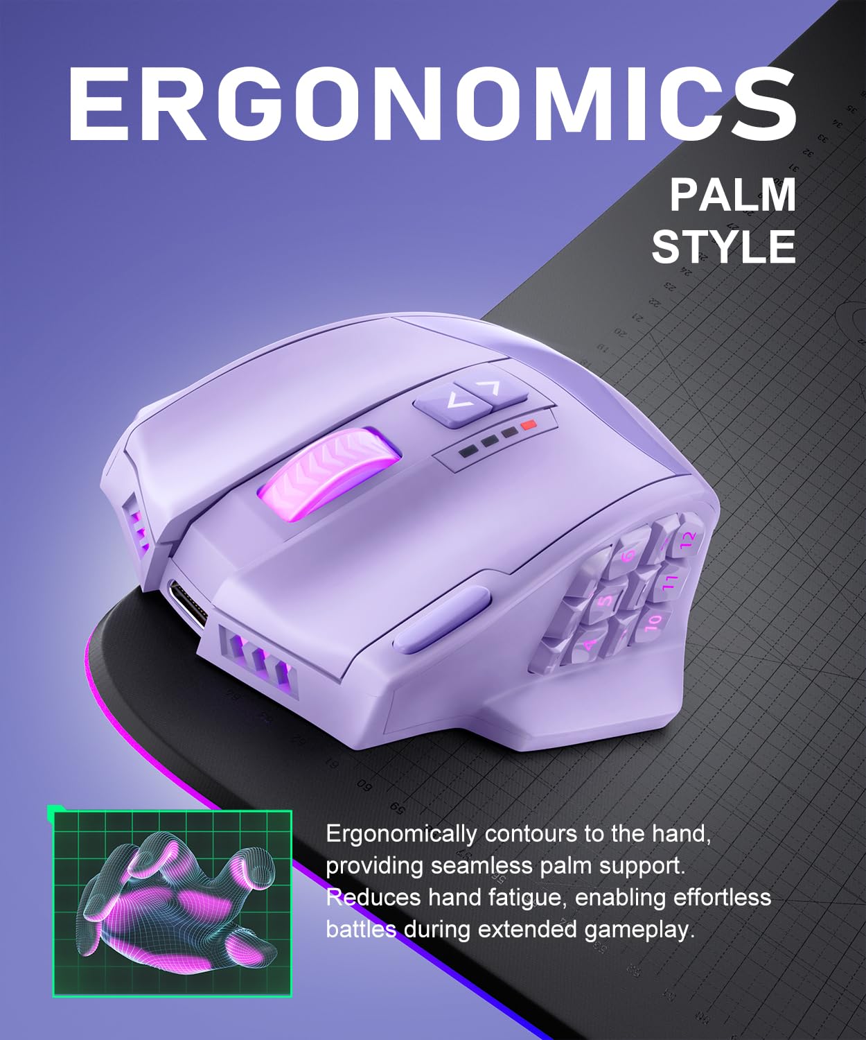 UtechSmart Venus Pro Wireless MMO Gaming Mouse - 16,000 DPI, 16 Programmable Buttons, Ergonomic Design, Purple