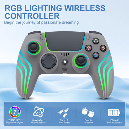 JYELUK Wireless Controller for PS5 - RGB Lighting, Compatible with PS5, Windows PC, Android/iOS, Gray