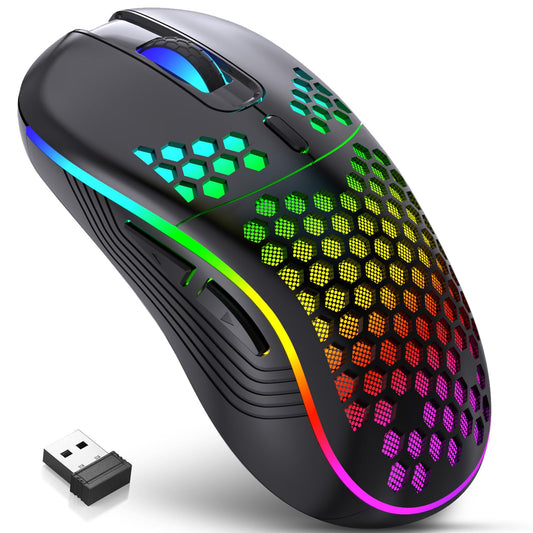 JYCSTE Wireless Gaming Mouse  Rechargeable Computer Mouse Ergonomic Mice Honeycomb Design with RGB Backlight  USB Receiver  7 Buttons  Adjustable DPI  Wireless Mouse for PC/Mac/Laptop