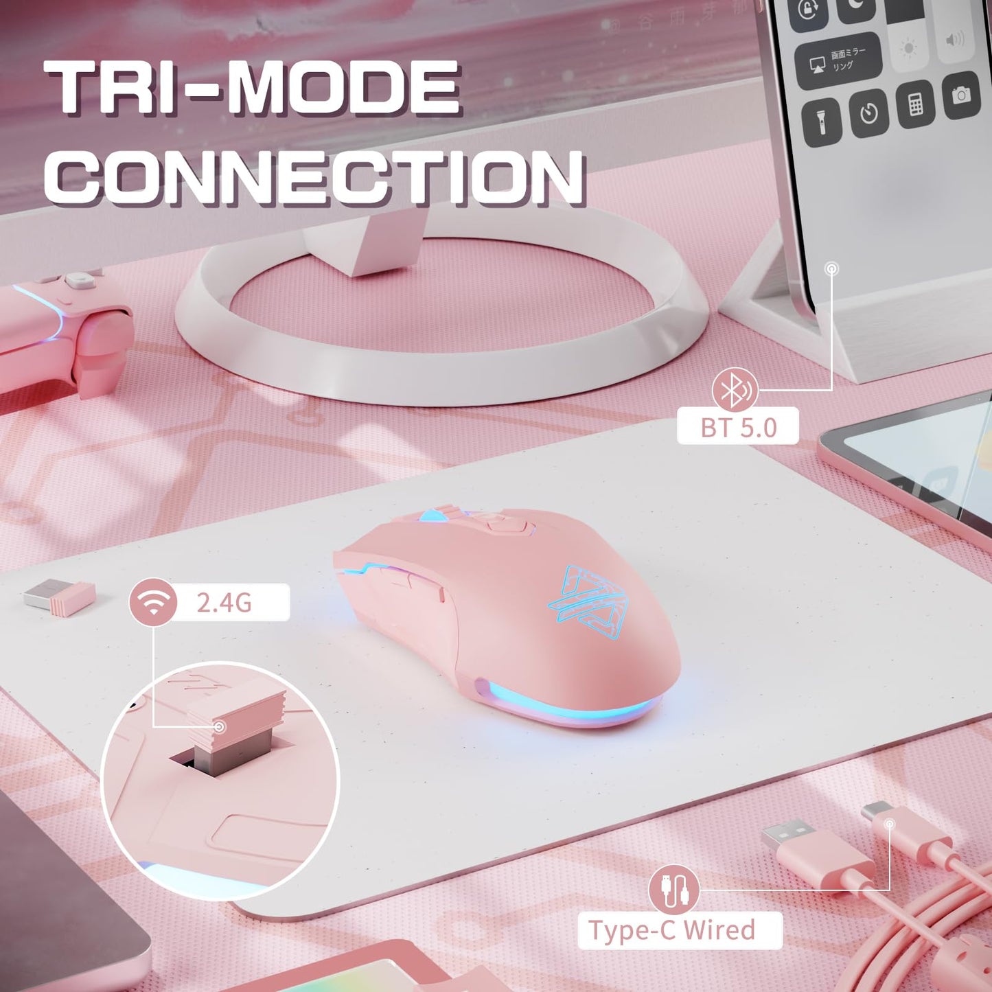 FELICON AJ52PRO Wired Wireless Bluetooth Gaming Mouse - 10000DPI, RGB LED, Ergonomic, 7 Buttons, Rechargeable, Pink