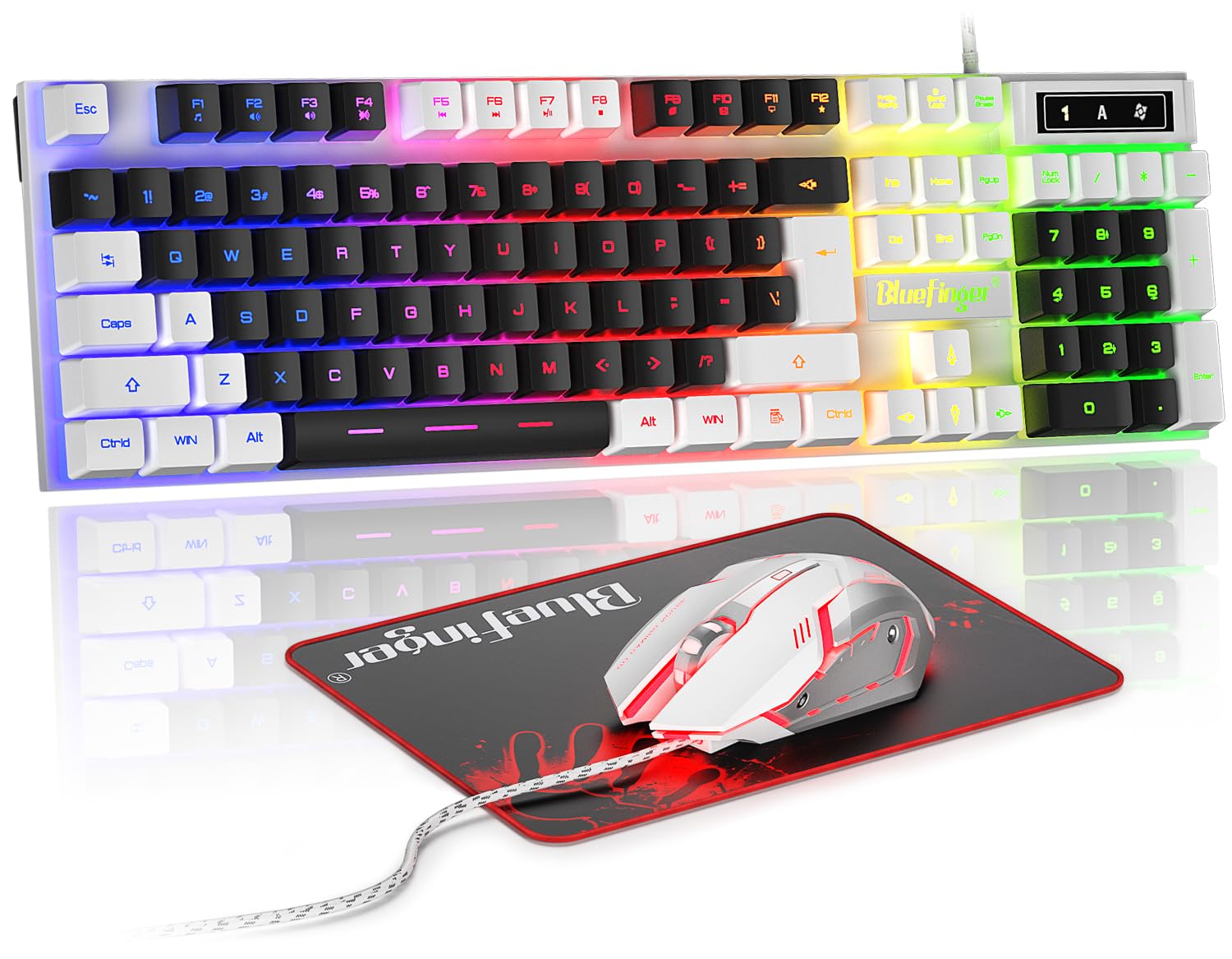 BlueFinger RGB Gaming Keyboard & Backlit Mouse Combo, USB Wired LED Set, White & Black