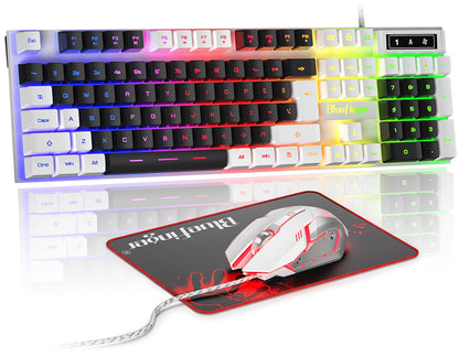 BlueFinger RGB Gaming Keyboard & Backlit Mouse Combo, USB Wired LED Set, White & Black