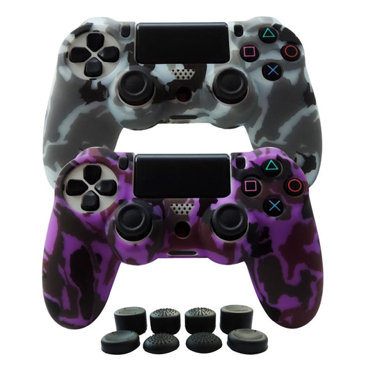 Hikfly Silicone Gel PS4 Controller Cover Skin Protector with 8 FPS Pro Thumb Grip Caps - Purple & Grey - PS4 Print Style