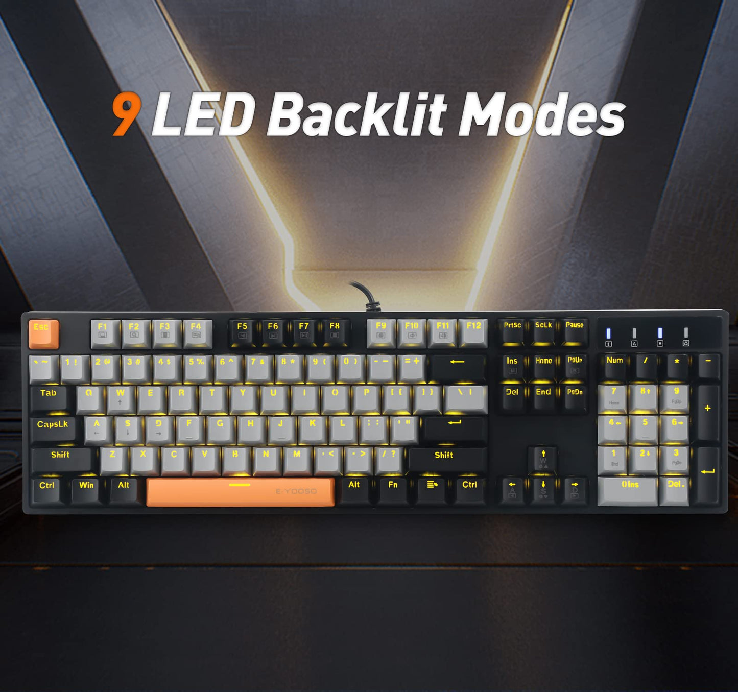 E-YOOSO Z-14 Mechanical Gaming Keyboard, Full-Size 104 Keys, Red Switch, Solid Yellow Backlit, Grey Red Switch, Black