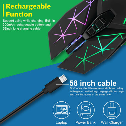 CHONCHOW Wireless Gaming Mouse, 3200 DPI, 7 Buttons, USB C, Colorful LED, Black, Model WG10