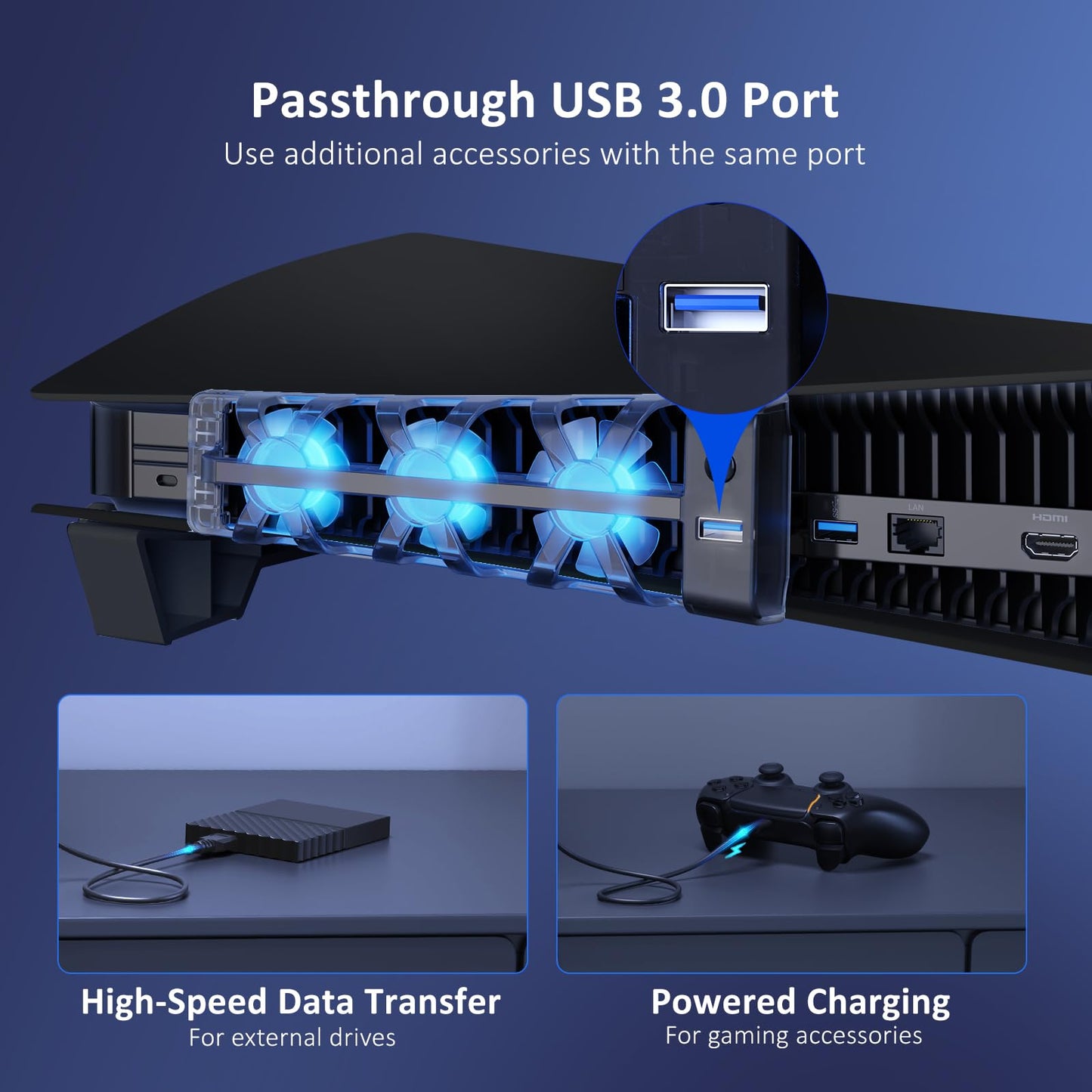 NexiGo PS5 Horizontal Stand with Cooling Fan, USB 3.0, LED Light, Auto Power On/Off, Black, Model 1551S BLK