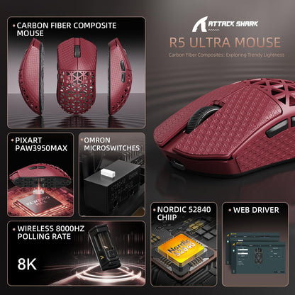 ATTACK SHARK R5 Ultra Wireless Gaming Mouse - 39g Superlight, 42K DPI Optical Sensor, Carbon Fiber Shell, Red&Griptape