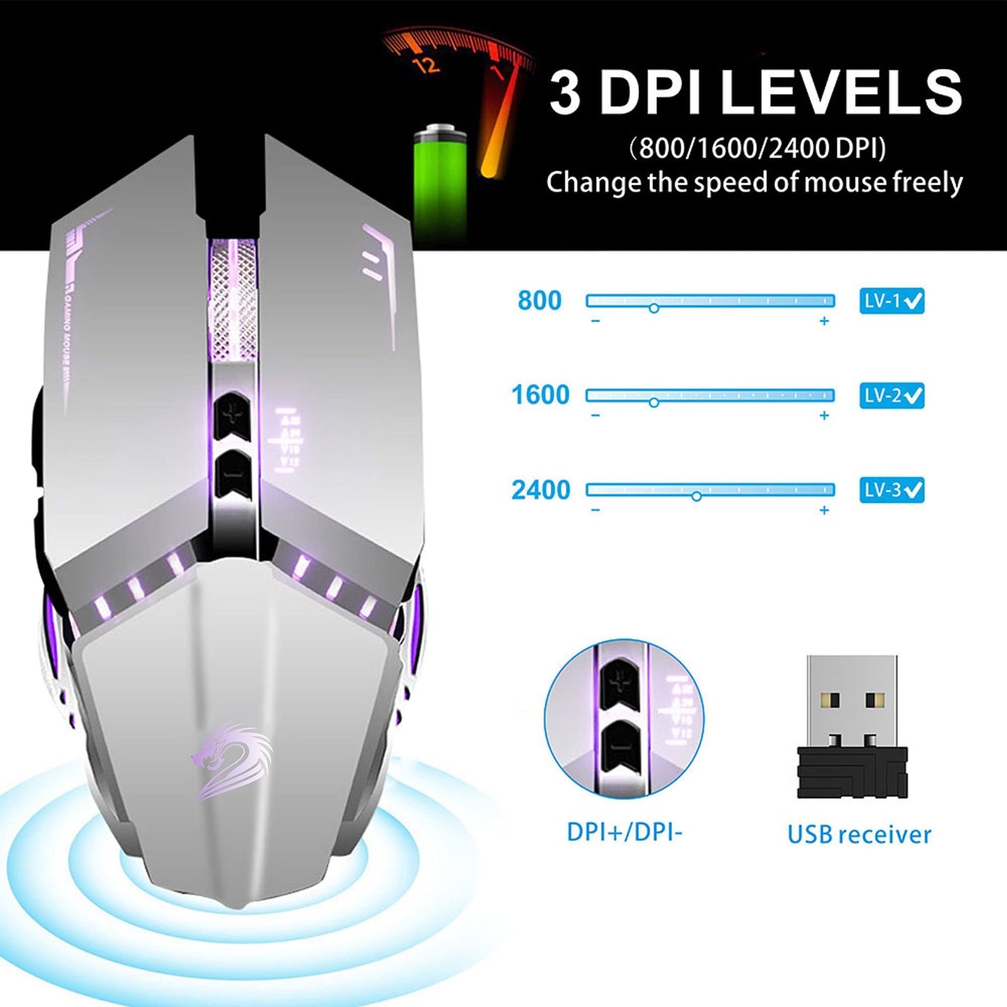TENMOS T12 Wireless Gaming Mouse, Rechargeable, 2.4G, Silent, 3 Adjustable DPI, Silver
