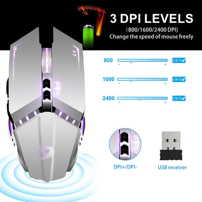 TENMOS T12 Wireless Gaming Mouse, Rechargeable, 2.4G, Silent, 3 Adjustable DPI, Silver