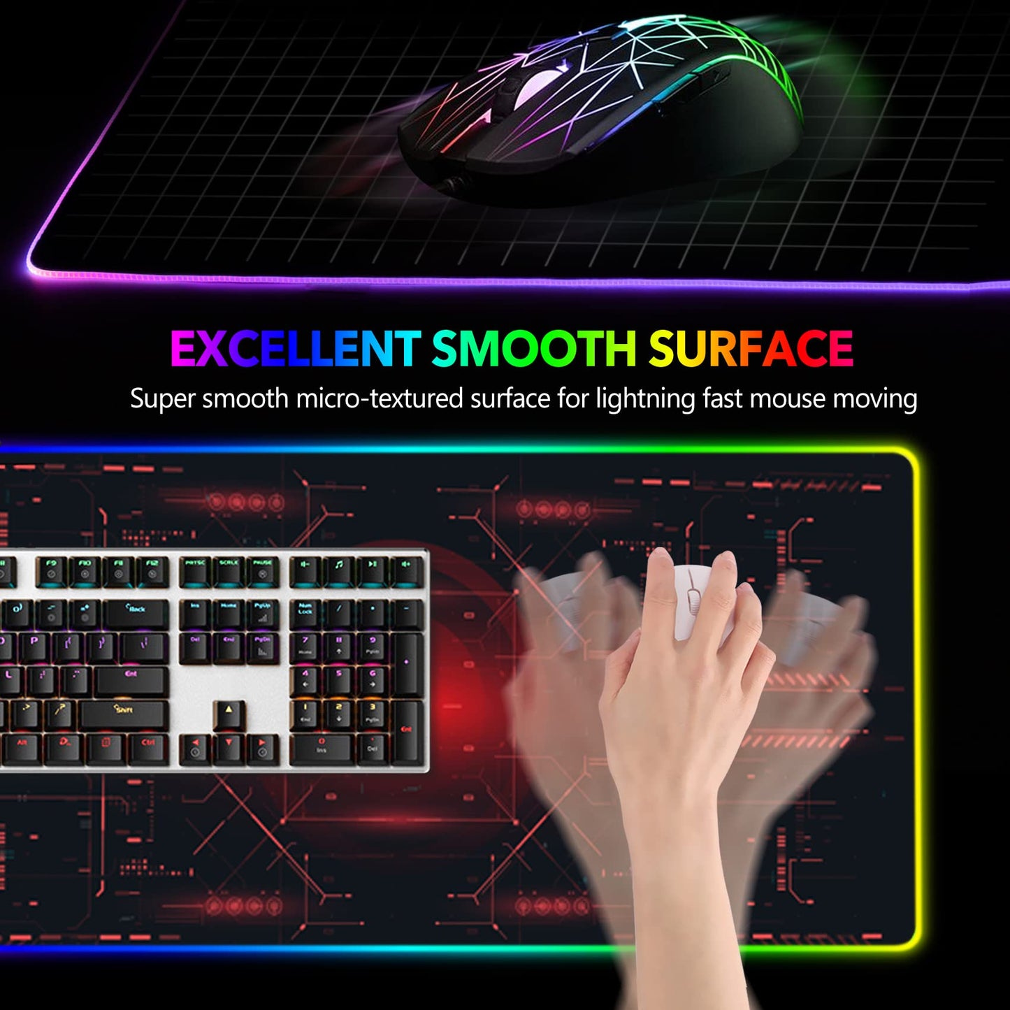 AIMSA Large RGB Gaming Mouse Pad 35.4"x15.8" Non-Slip Rubber Base, Red Circuit Board Design, 14 Lighting Modes