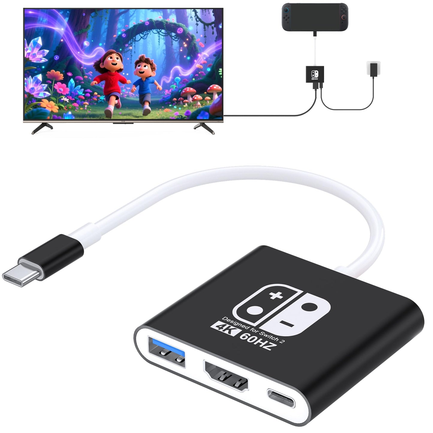 Switch 2 Dock (Plug-and-Play)  Portable TV Docking Station for Nintendo Switch1/Switch2  Switch-2 Travel Dock with HDMI 4K@60Hz  USB3.0 and PD Charge (Aluminum Alloy)