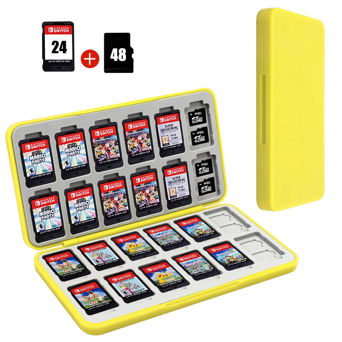 FYY Nintendo Switch Game Case - Yellow Nintendo Switch Game Holder for Nintendo Switch refill unit Case with 24 Game Card sections & 48 Micro SD Card sections  Switch Card Case- Hard Shell  Silicone Lining