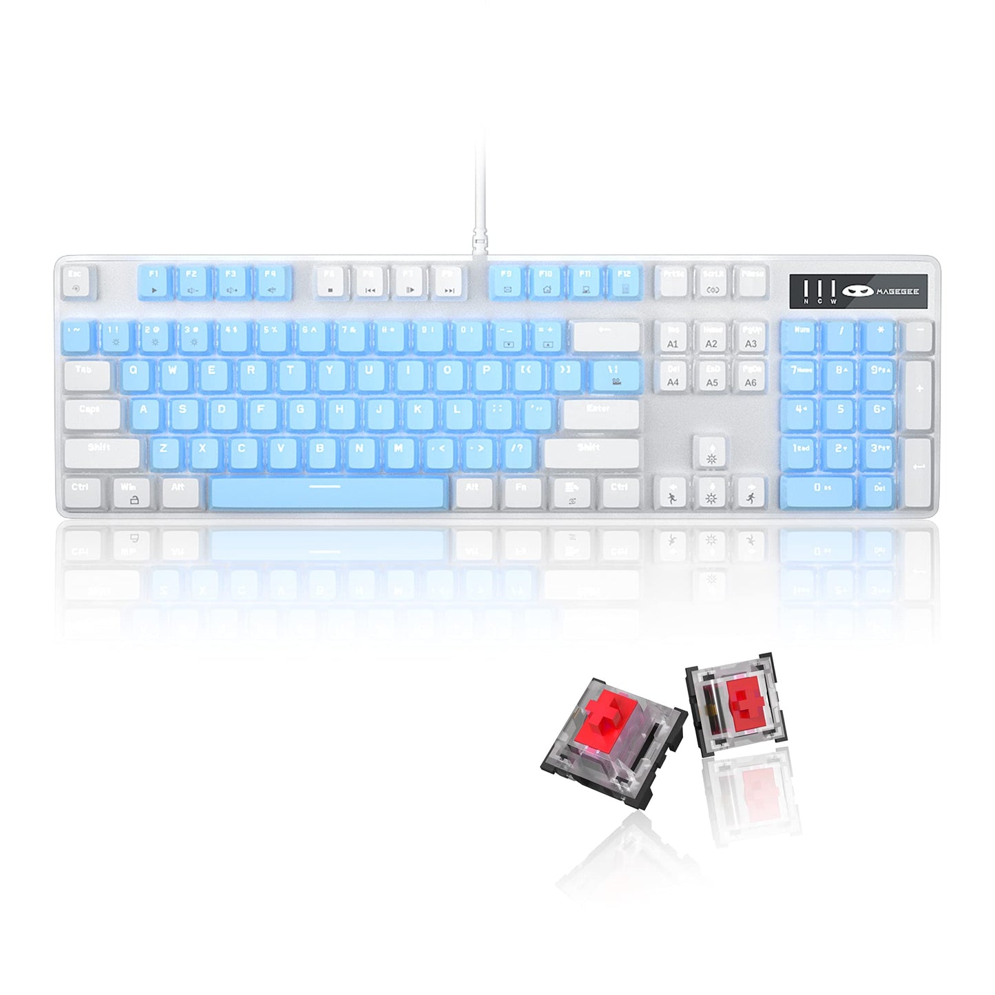 MageGee Mechanical Gaming Keyboard  104 Keys White Backlit Mechanical Keyboards with Red Switches & Double-Shot Keycaps  Wired Ergonomic Computer Keyboard for Desktop  PC Gamers (White & Blue)