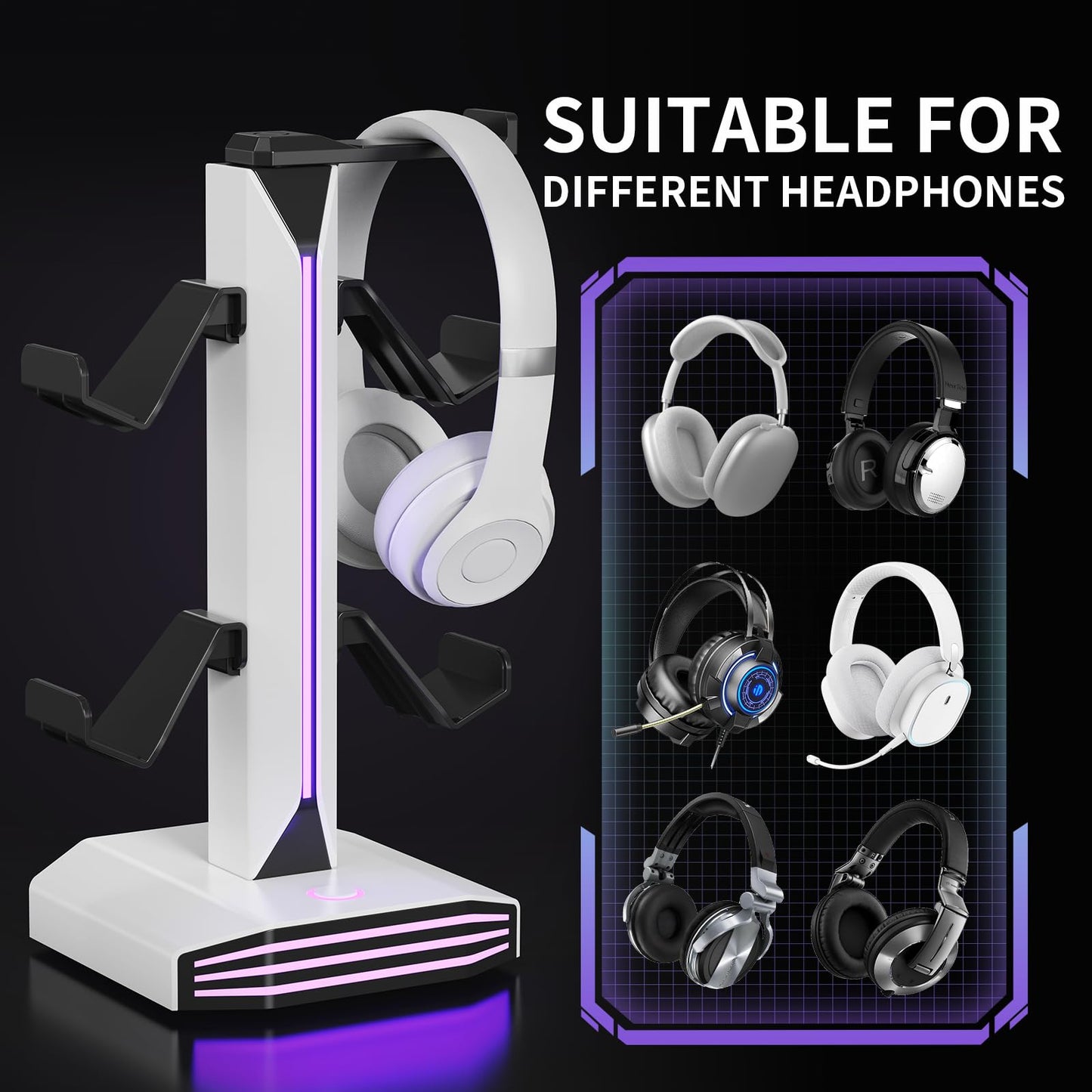 Meiboshin RGB Headphone Stand - Desk Gaming Headset Holder with USB & Type-C Ports, Rotatable, White, Model MBX-J101D