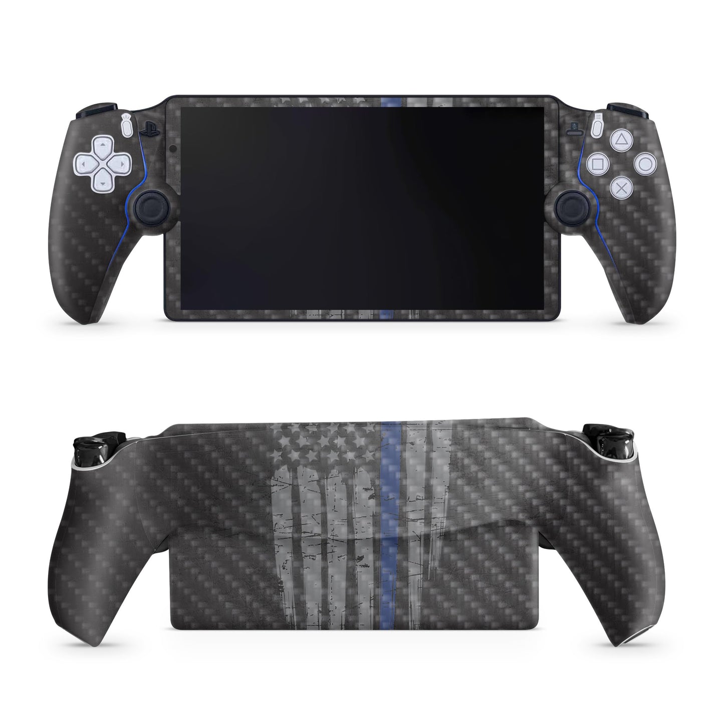 Carbon Fiber Gaming Skin Compatible with PS5 Portal Remote Player - Thin Blue Line - fine 3M Vinyl Protective Wrap Decal Cover - Easy to Apply | Crafted in The USA by MightySkins