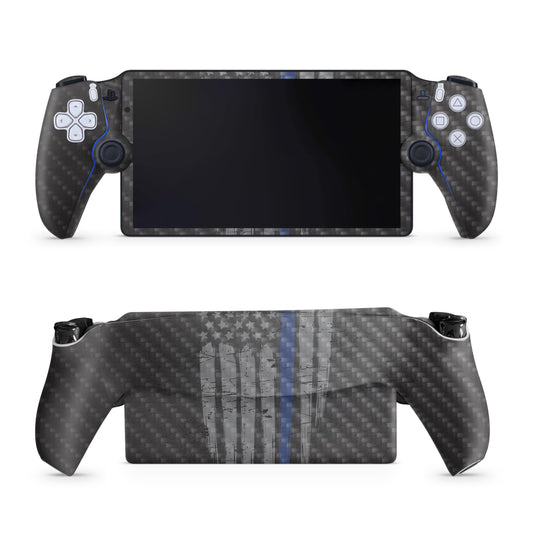Carbon Fiber Gaming Skin Compatible with PS5 Portal Remote Player - Thin Blue Line - fine 3M Vinyl Protective Wrap Decal Cover - Easy to Apply | Crafted in The USA by MightySkins