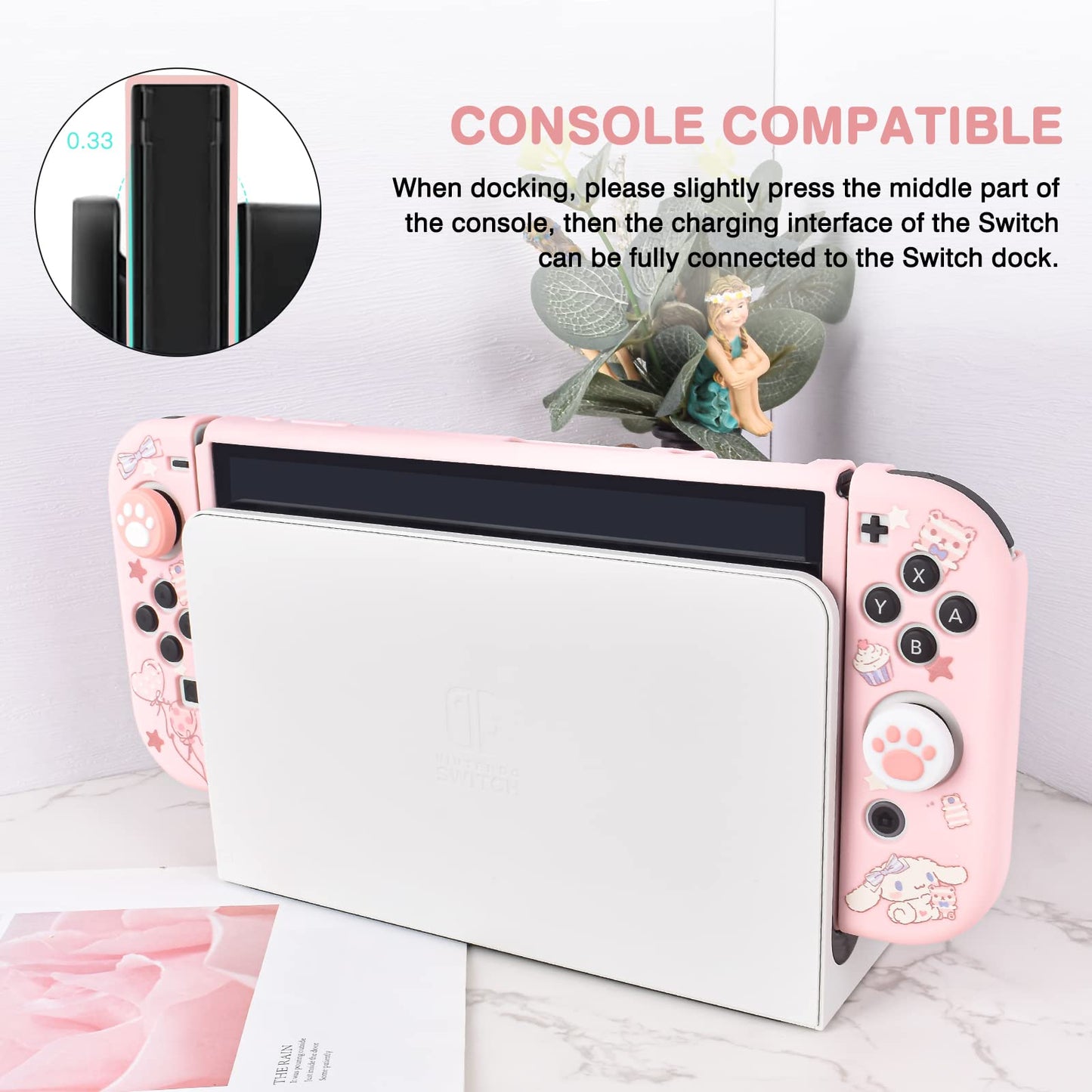 DLseego Silicone Soft Cover for Switch OLED - Cute Dog Pink, Shockproof Case with 4PC Cat Claw Thumb Grips