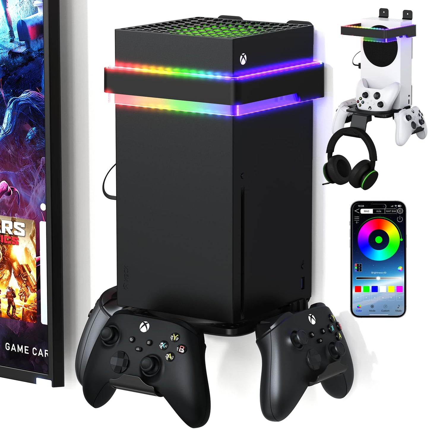 Wall Mount for Xbox Series X/S with RGB Light - Support APP  Xbox X/S Wall Shelf Kit with 2 Controller Holder & Charging Cable & 1 Headphone Stand - Prevent Your Xbox Console Accessories from Falling