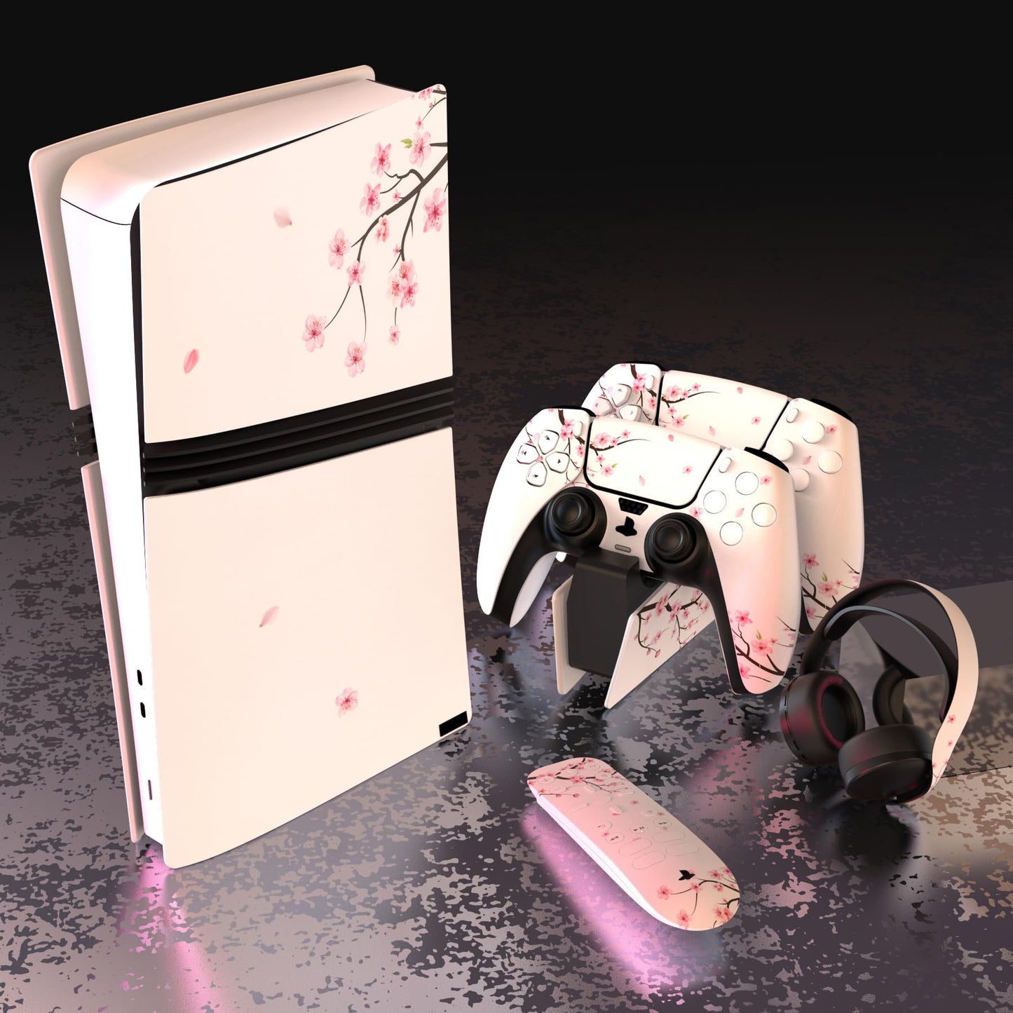 PlayVital PS5 Pro Skin Full Set - Protective Vinyl Decal, Falling Cherry Blossom, for Console, Controller, Headset, Charging Station