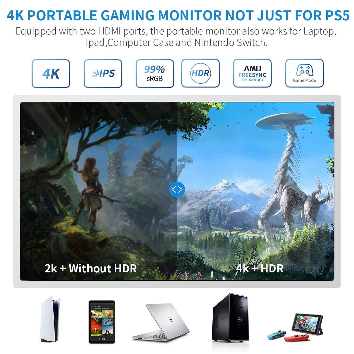 G-STORY 15.6" 4K Portable Monitor, IPS, 60Hz, 2 HDMI Ports, FreeSync, White, Model GS156PU