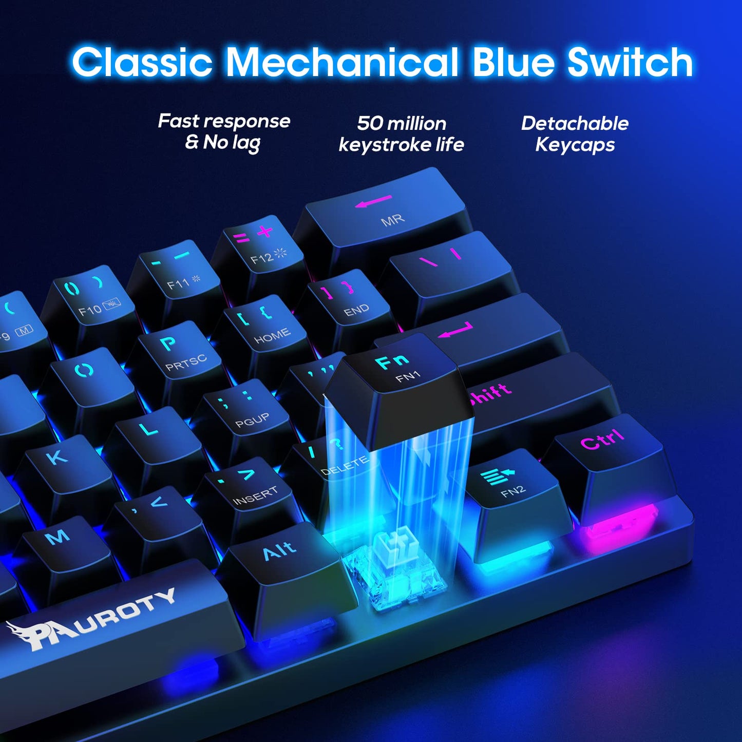 Pauroty 60% Wireless Mechanical Keyboard, RGB Backlit, Clicky Blue Switch, Mini 61 Keys, 2.4G/USB-C/Bluetooth, Black, Model PC335