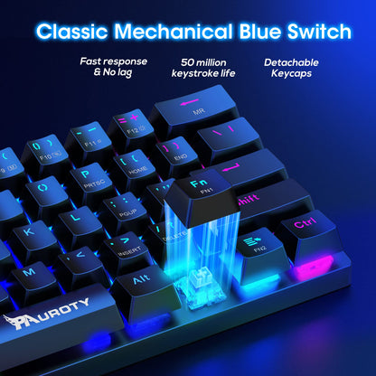 Pauroty 60% Wireless Mechanical Keyboard, RGB Backlit, Clicky Blue Switch, Mini 61 Keys, 2.4G/USB-C/Bluetooth, Black, Model PC335