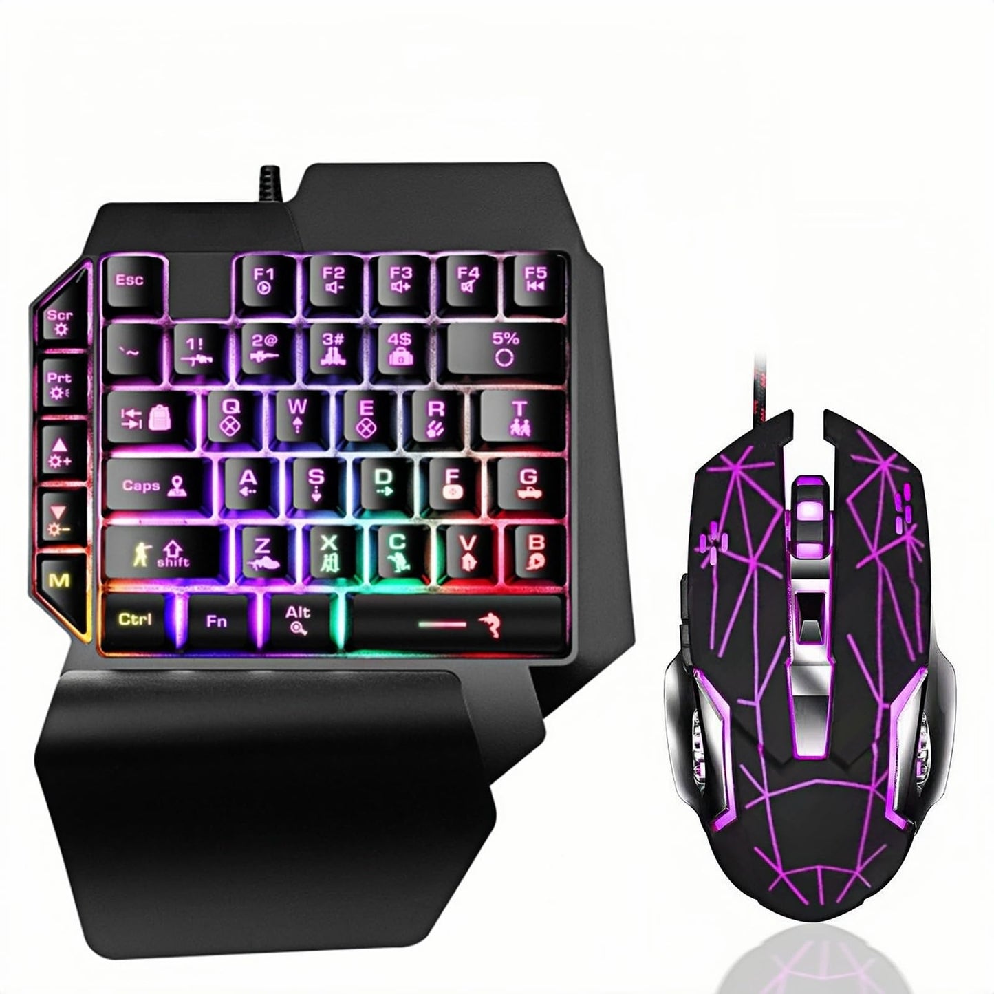 Wired One Handed Gaming Keyboard and Mouse Combo with Rainbow LED Backlit 39 Keys Portable Mini Gaming Keypad Ergonomic Game Controller for PC Gamer-Black