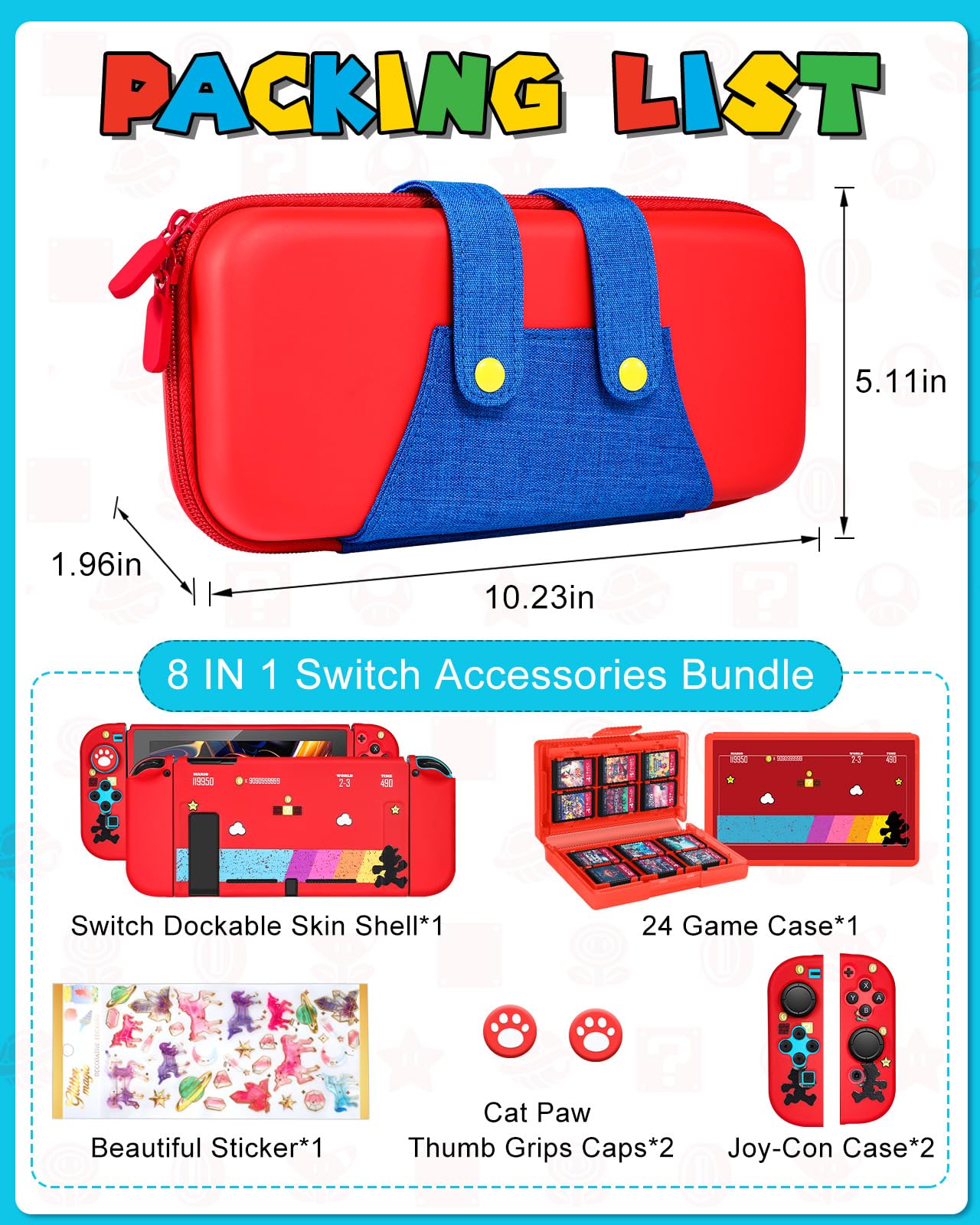 Gurgitat Nintendo Switch 8in1 Carrying Case Bundle Kit, Red Blue Maro, Includes Thumb Grips, Game Card Holder, Dockable Cover Skin