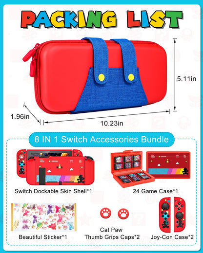 Gurgitat Nintendo Switch 8in1 Carrying Case Bundle Kit, Red Blue Maro, Includes Thumb Grips, Game Card Holder, Dockable Cover Skin