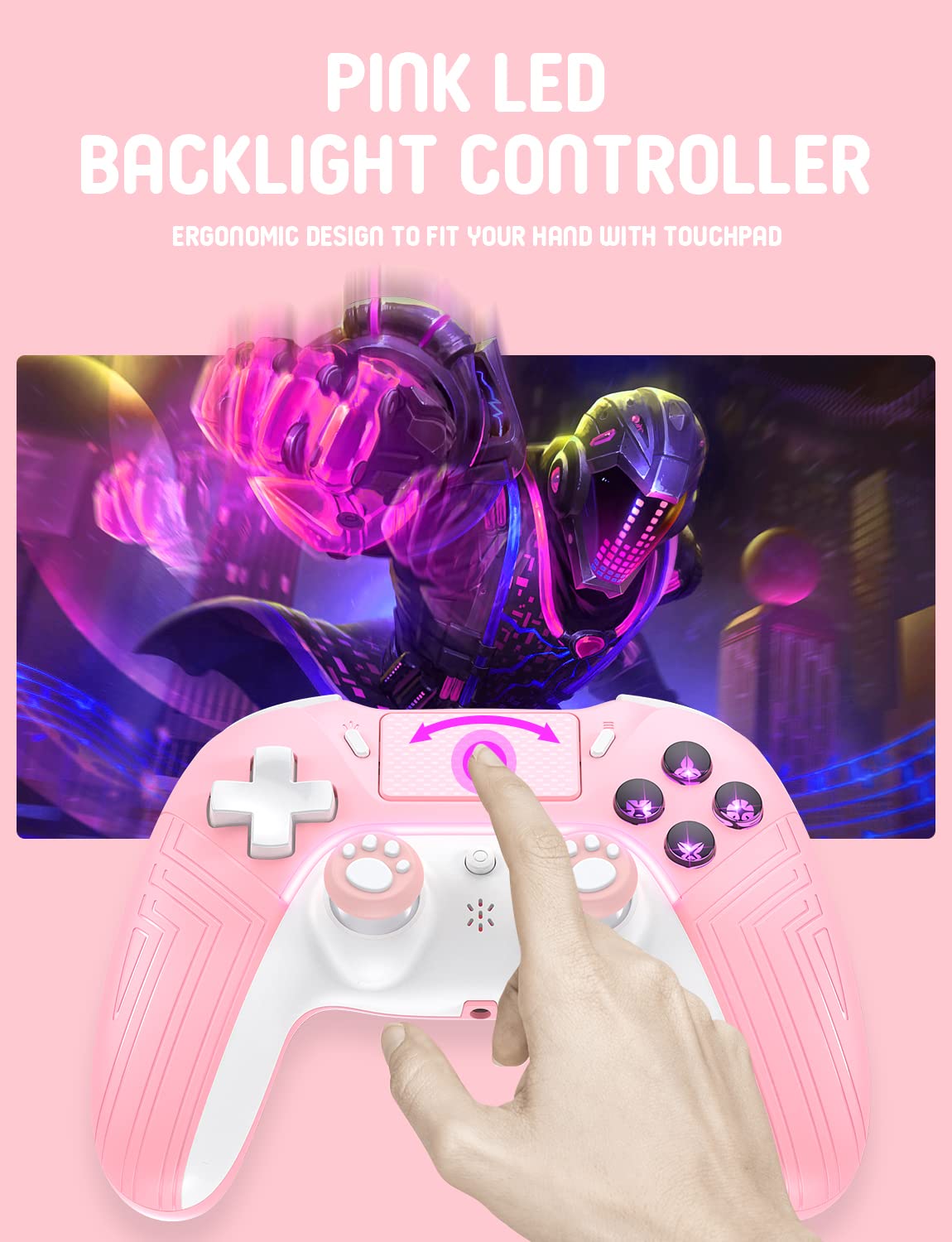 PHNIXGAM Pink Wireless Controller for PS4/PC/iOS/Android - FG02B, Touchpad, Motion Sensor, Speaker, Headphone Jack, LED, Back Button