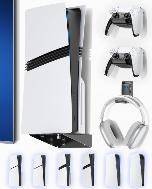 PS5/Slim/Pro Wall Mount with Headset & Controller Holder  fine PS5 Metal Shelf Floating Mount  Universal 2 Packs Controller Stand and Headphone Stand  Game Accessries for All PlayStation 5 Console