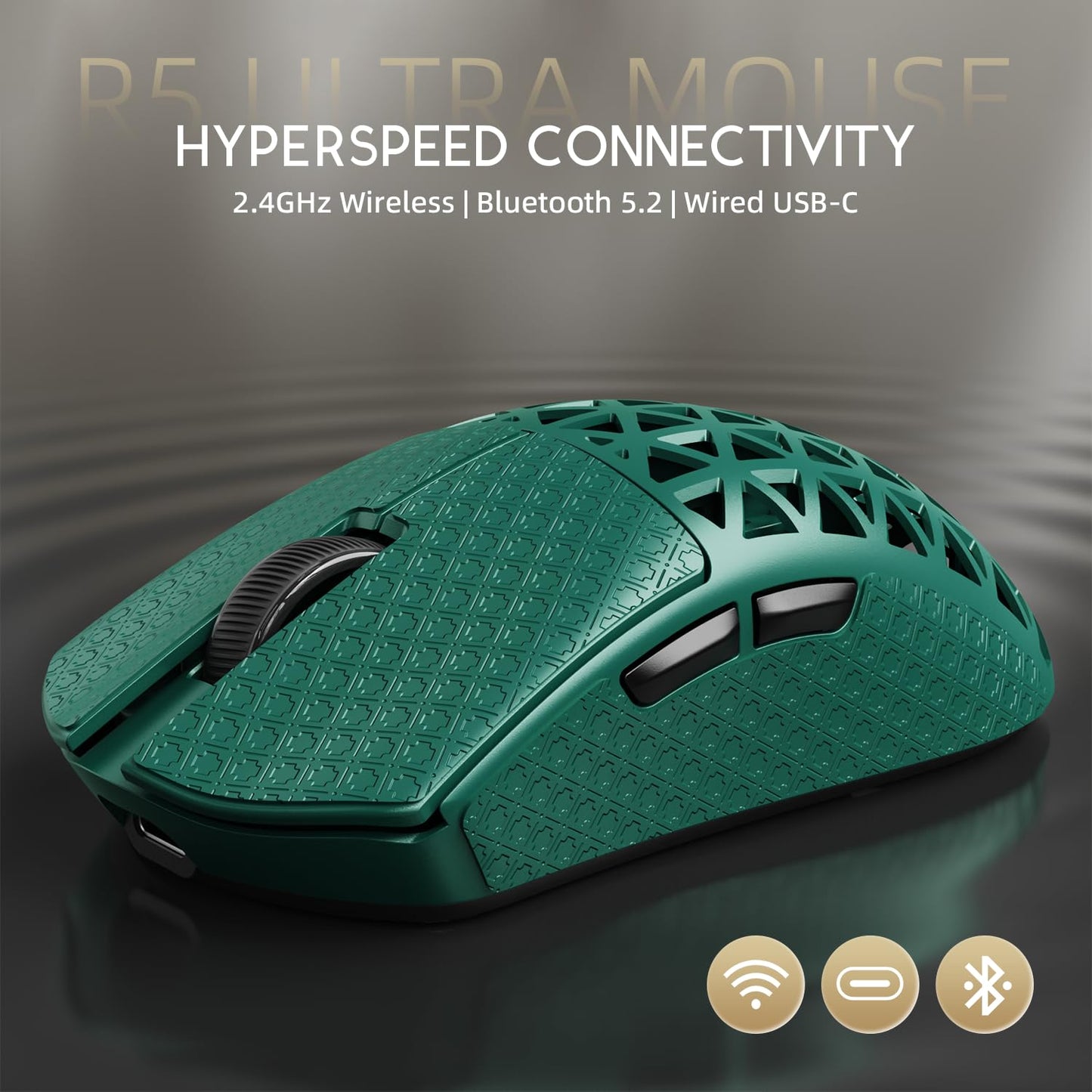 ATTACK SHARK R5 Ultra Wireless Gaming Mouse - 39g Superlight, 42K DPI, Carbon Fiber Shell, Green&Griptape, BT/2.4G/USB-C