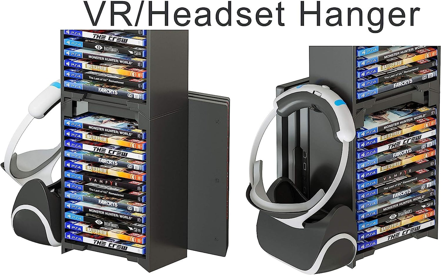 Skywin Video Game Storage Stand Tower for PS5/PS4/Xbox - 24 CD Organizer, VR Hanger, 12x8x5 inches, Black, Model SW-DBOR