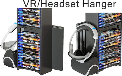 Skywin Video Game Storage Stand Tower for PS5/PS4/Xbox - 24 CD Organizer, VR Hanger, 12x8x5 inches, Black, Model SW-DBOR