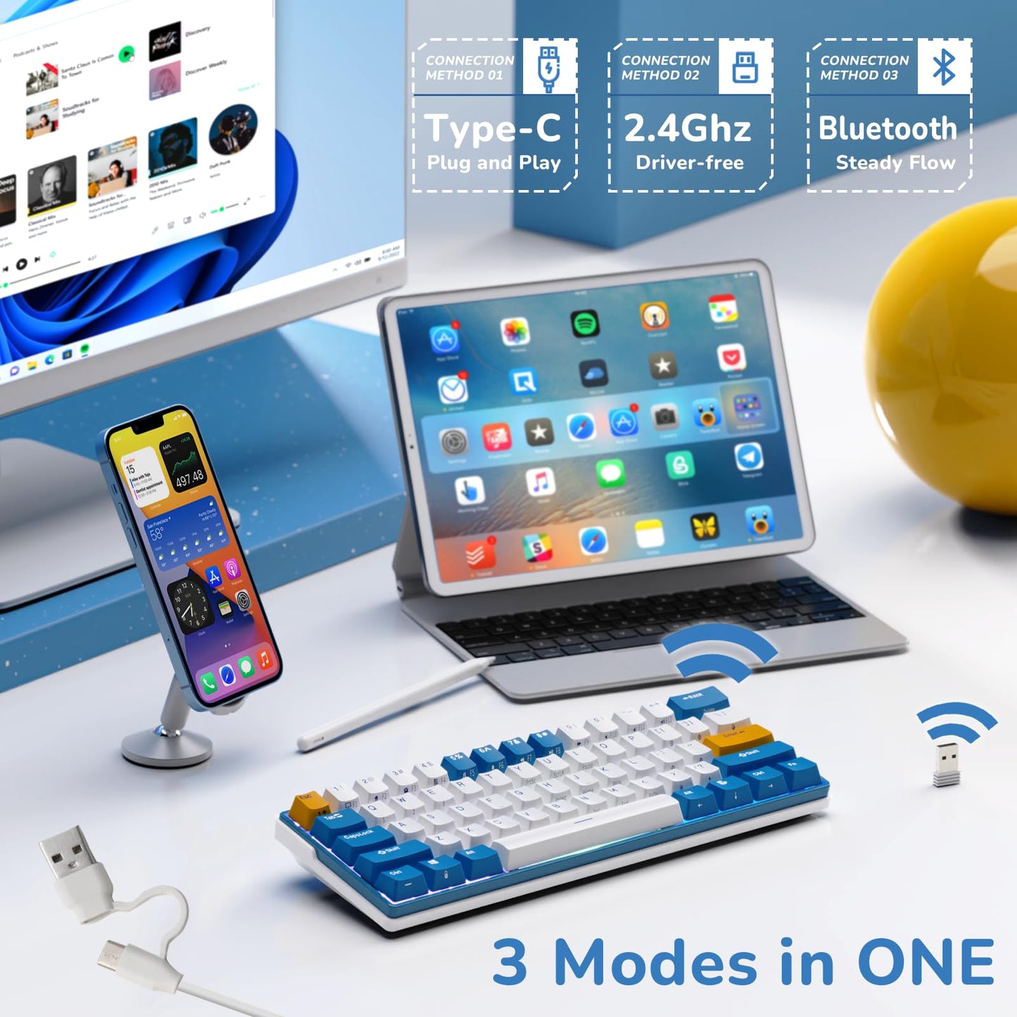 RK ROYAL KLUDGE RK61 Plus Wireless Mechanical Keyboard, 60% Gaming Keyboard, Bluetooth/2.4G/USB, White, Linear SkyCyan Switches