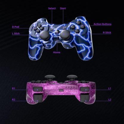 Burcica PS3 Controller 2 Pack - Wireless Motion Sensor, Dual Vibration, Charging Cord, Blue & Purple